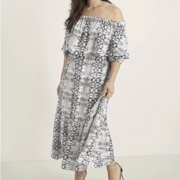 Eloquii Womens Size 14 Off Shoulder Maxi Dress Beige Brown Snake Print Ruffles - Picture 1 of 10